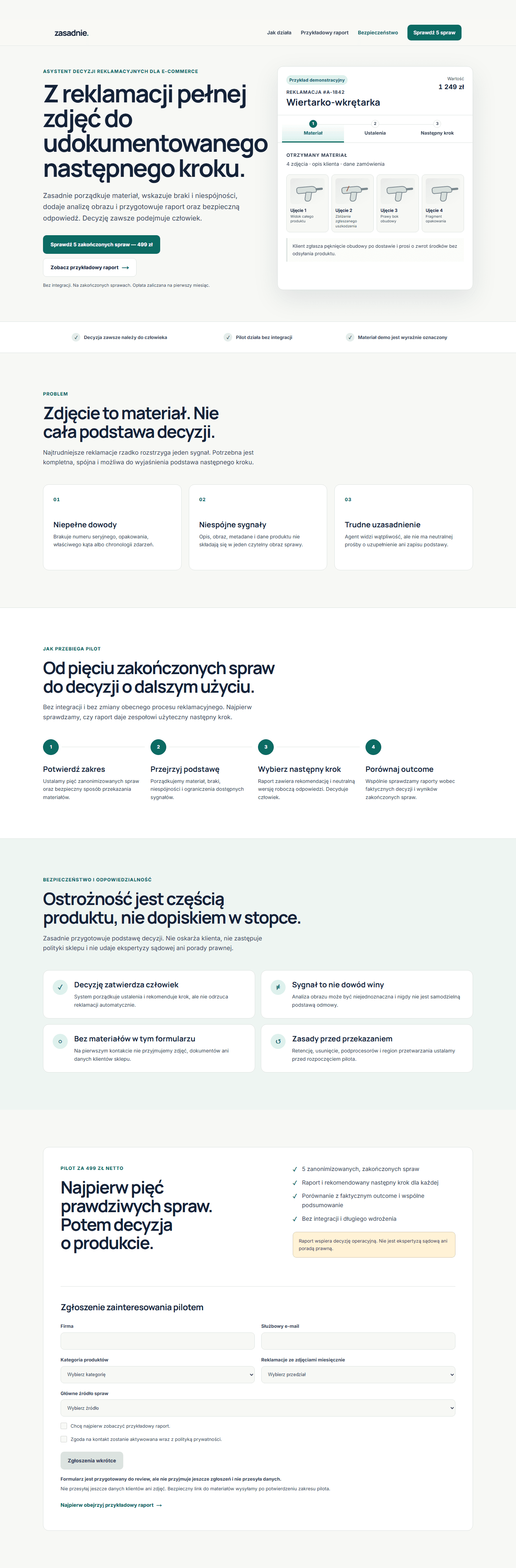 Interfejs Zasadnie przedstawiający syntetyczną sprawę reklamacyjną i udokumentowany następny krok.
