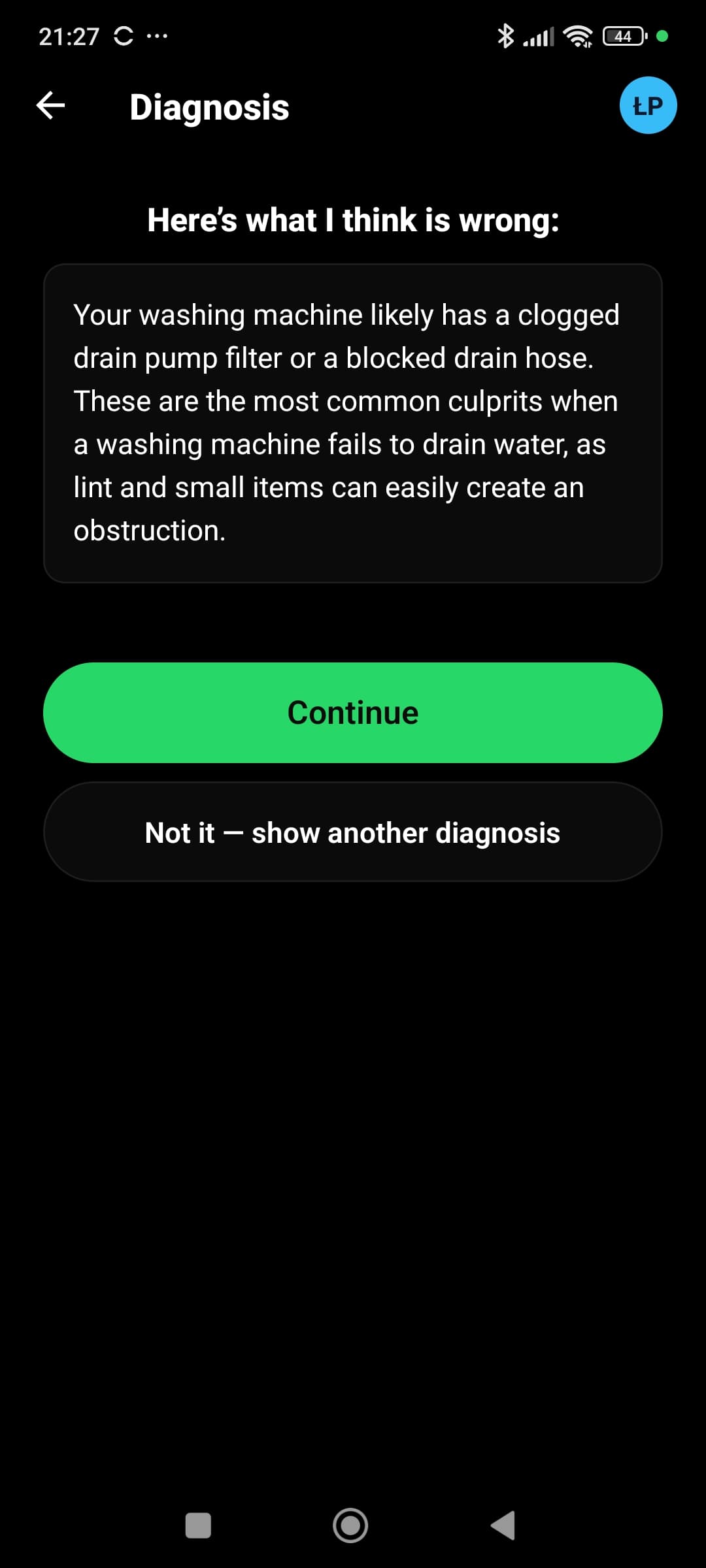 Ekran diagnozy Mendwise z możliwością sprawdzenia alternatywnej przyczyny.
